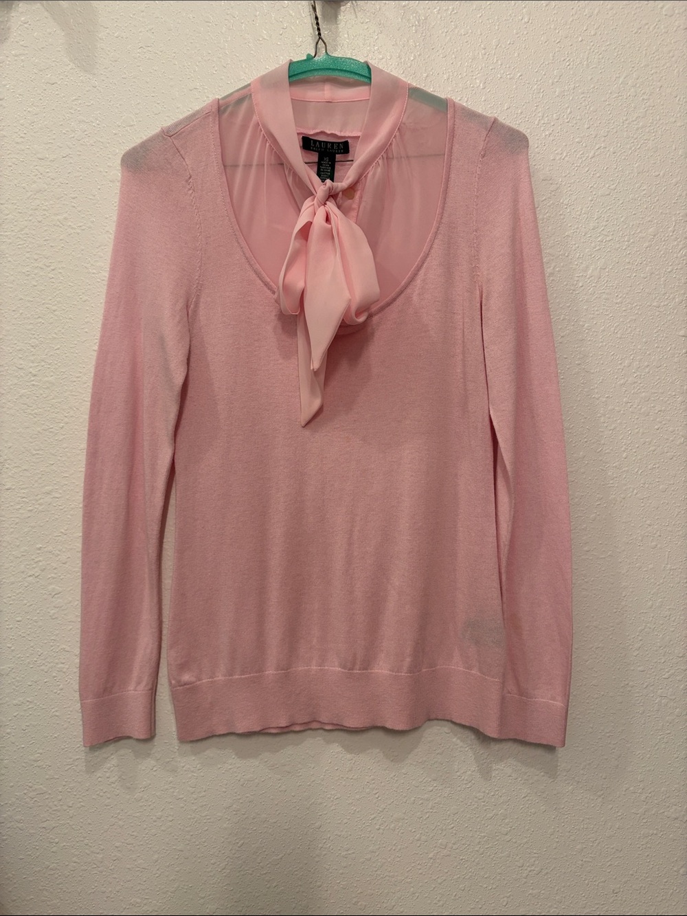 Ralph Lauren Light Pink Tie-Neck Scoop Sweater